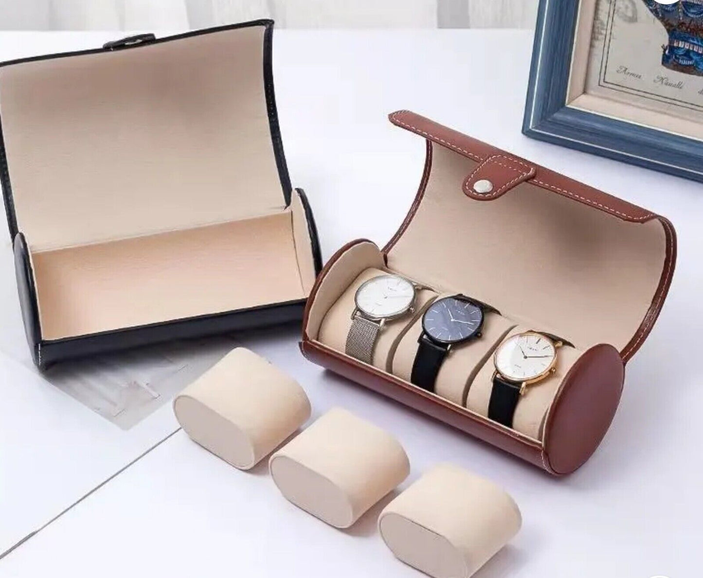 Watch Travel Case • Holds 3 Watches • Brown • Kansas Leather Comp • PU Leather