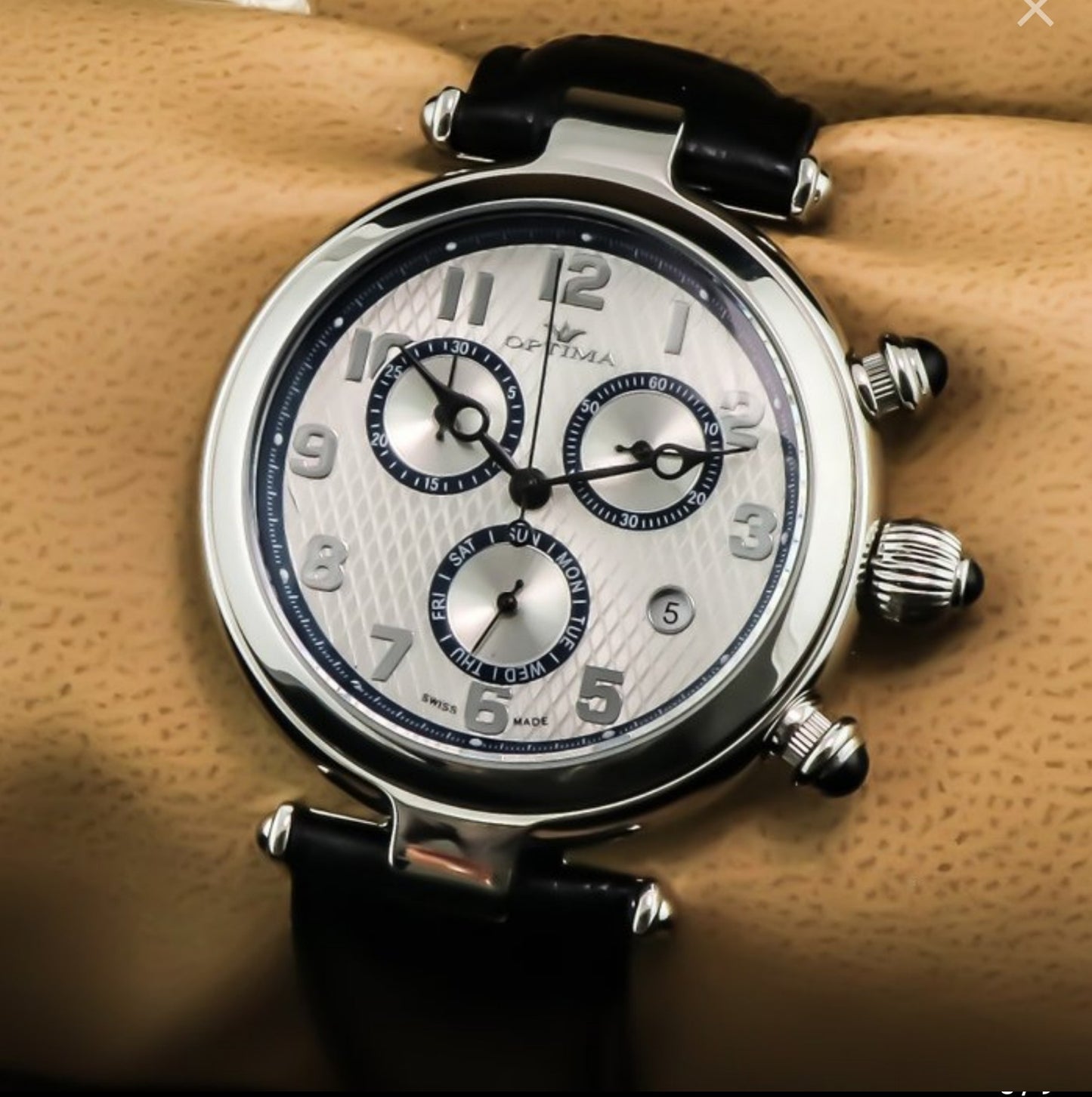 Optima • Swiss Chronograph Watch • Stainless Steel & Leather•Quartz 44mm • 5ATM