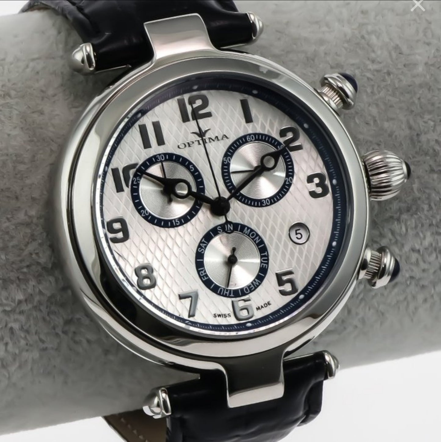 Optima • Swiss Chronograph Watch • Stainless Steel & Leather•Quartz 44mm • 5ATM