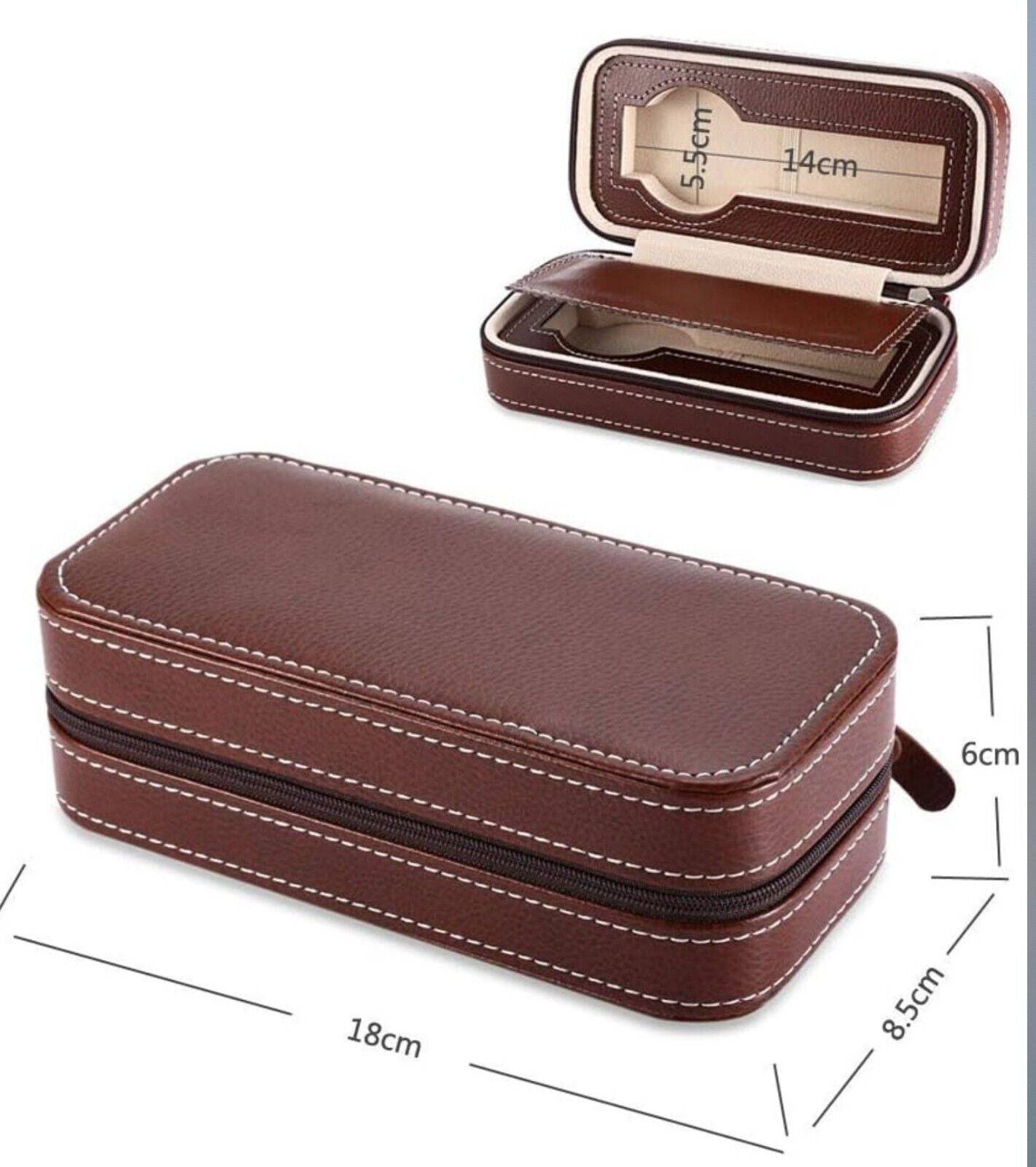 Brown • Luxury Watch Travel Case • Holds 2 • Zipper Seal • PU Leather • Imported