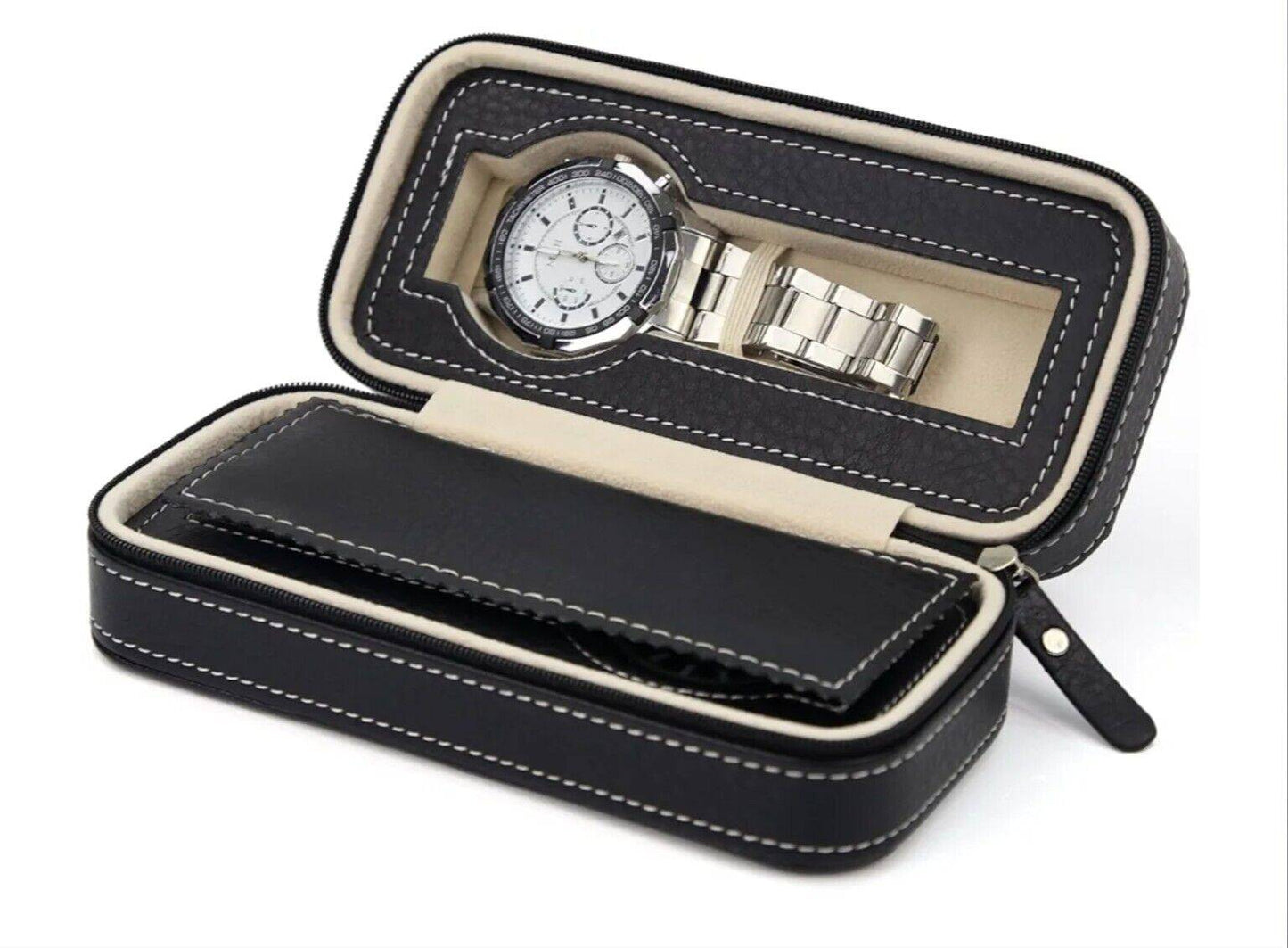 Black • Luxury Watch Travel Case • Holds 2 • Zipper Seal • PU Leather • Imported