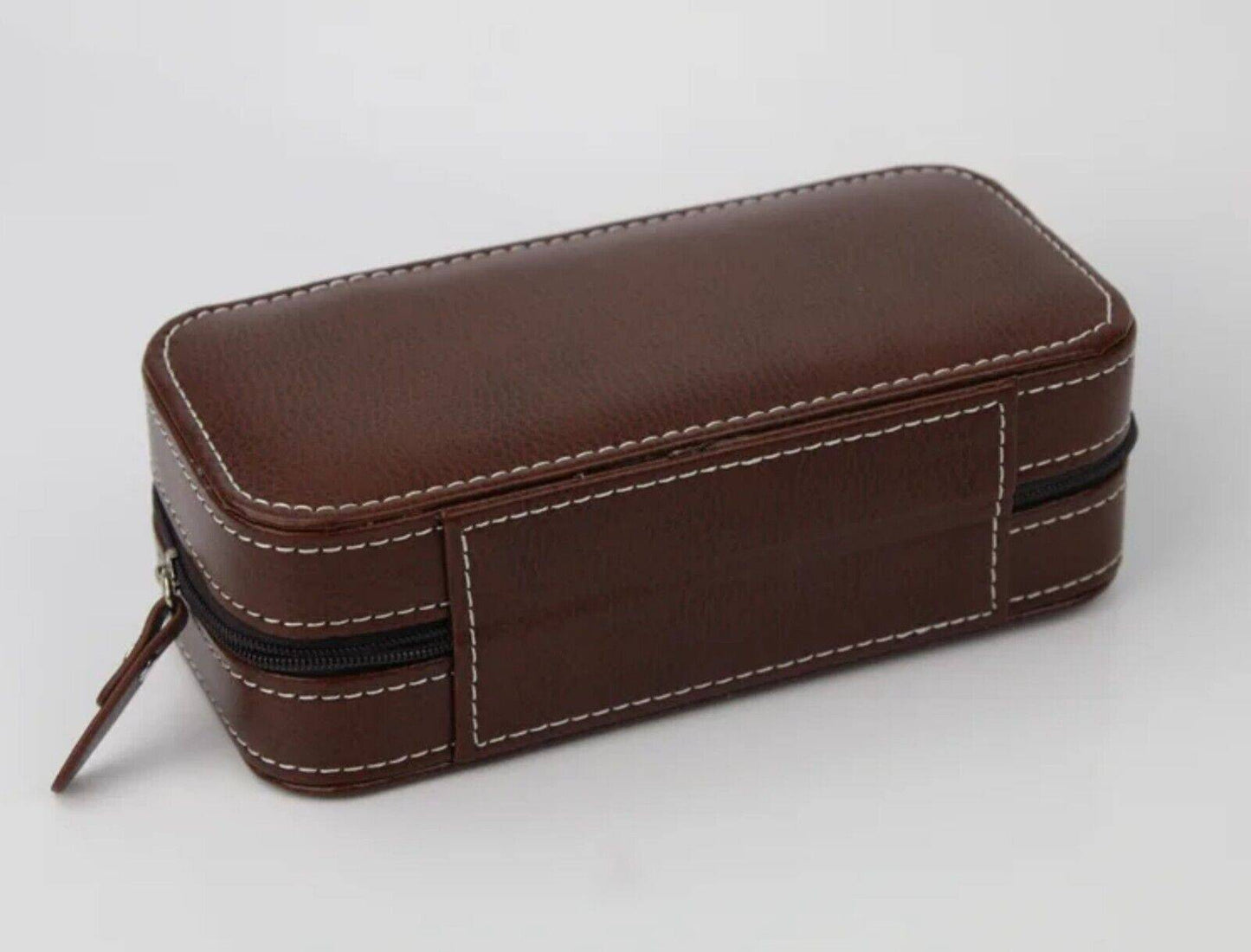 Brown • Luxury Watch Travel Case • Holds 2 • Zipper Seal • PU Leather • Imported