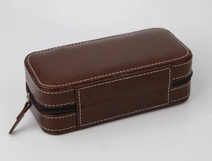 Brown • Luxury Watch Travel Case • Holds 2 • Zipper Seal • PU Leather • Imported