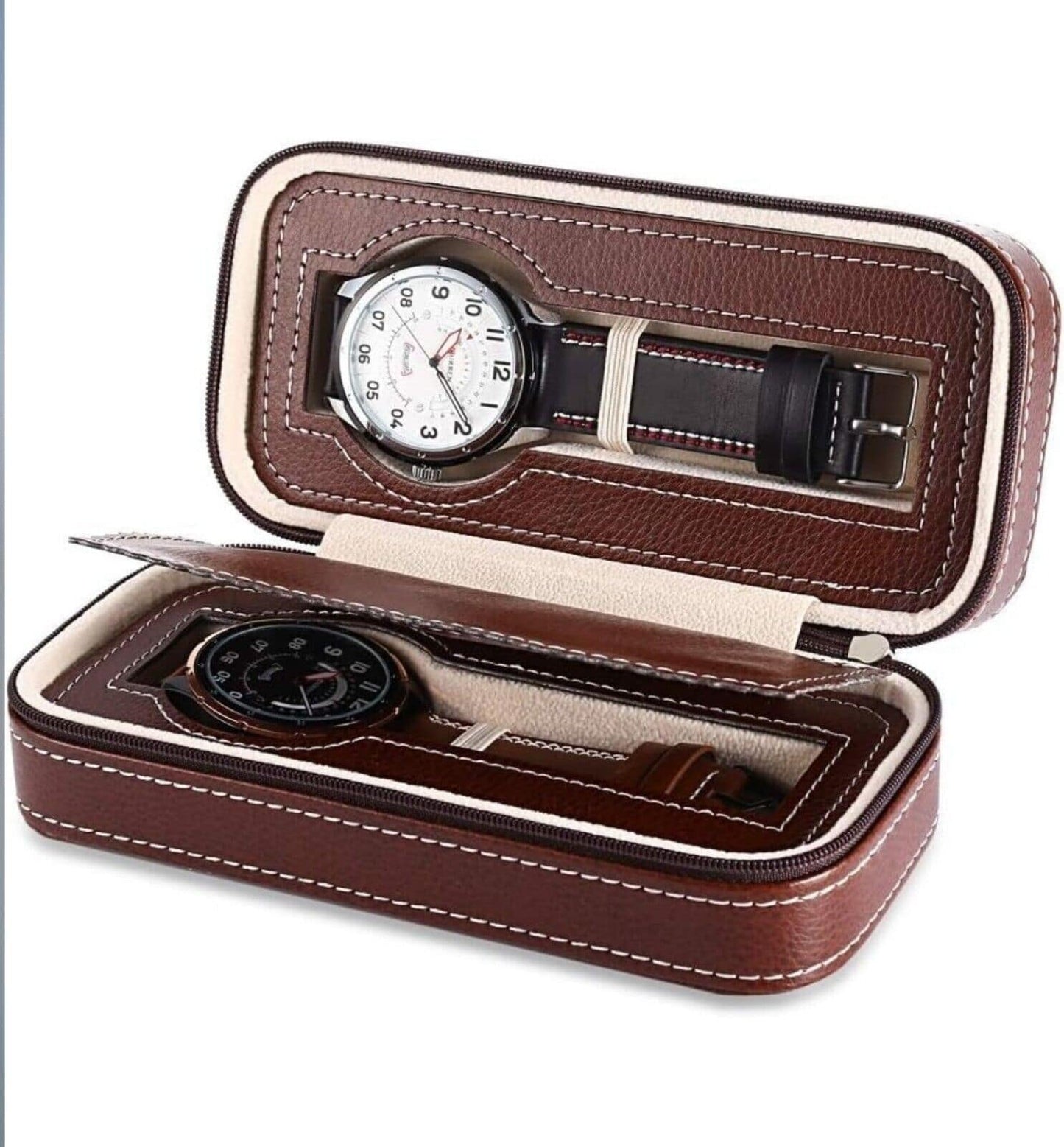 Brown • Luxury Watch Travel Case • Holds 2 • Zipper Seal • PU Leather • Imported