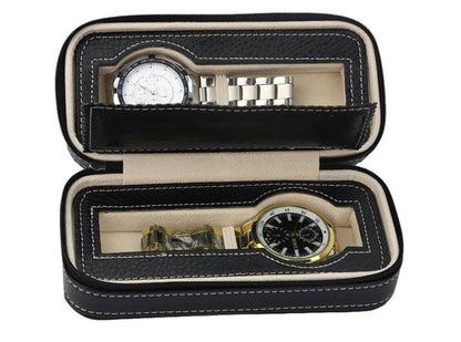 Black • Luxury Watch Travel Case • Holds 2 • Zipper Seal • PU Leather • Imported