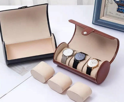 Watch Travel Case • Holds  3 Watches • Brown • Kansas Leather Comp • PU Leather