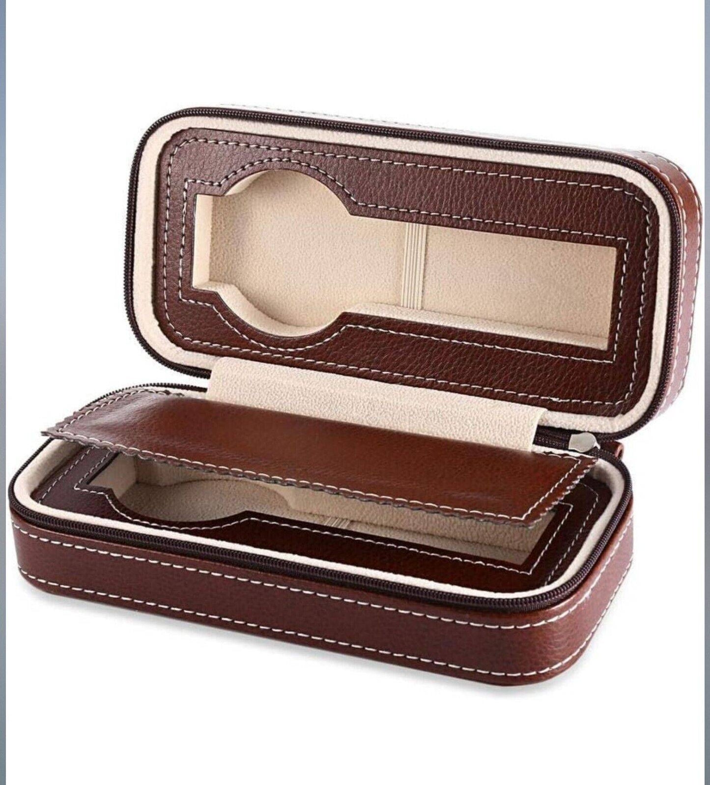 Brown • Luxury Watch Travel Case • Holds 2 • Zipper Seal • PU Leather • Imported