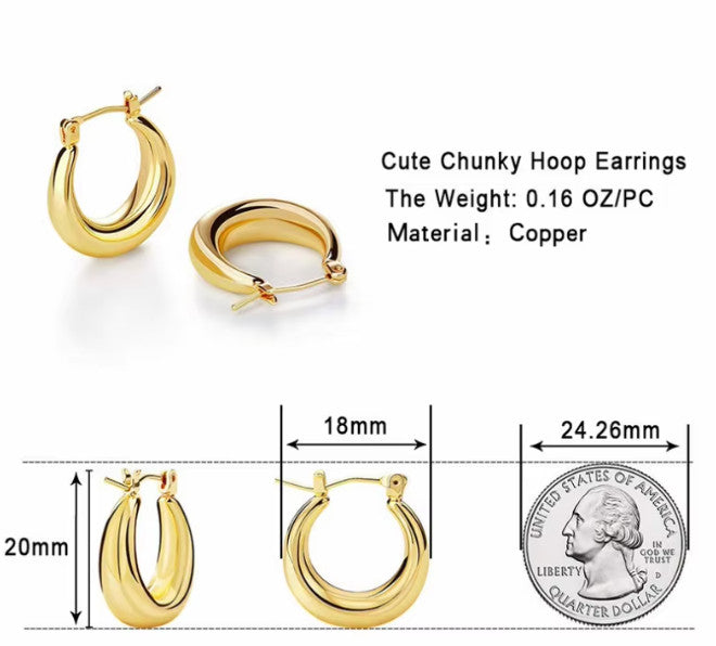 Small Thick • 14K Gold Plated • Hoop Earrings • High Quality