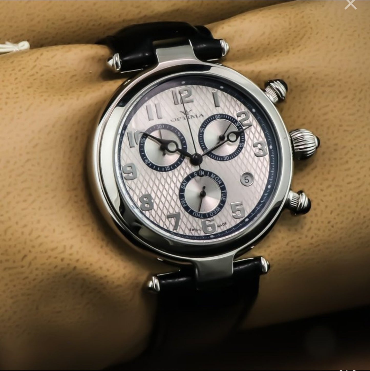 Optima • Swiss Chronograph Watch • Stainless Steel & Leather•Quartz 44mm • 5ATM